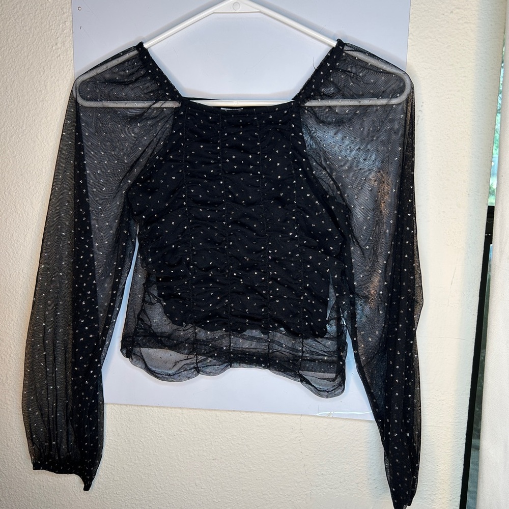 Zara Black and Silver Asymmetrical Ruched Raglan Blouse
